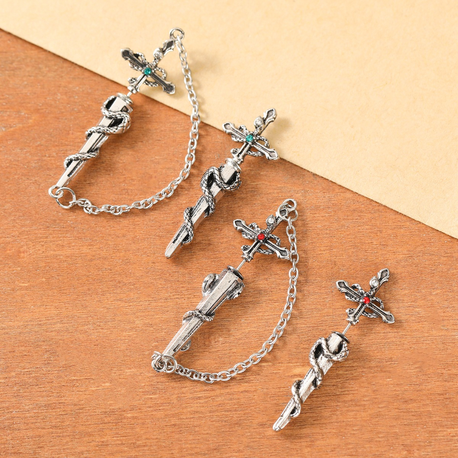 Retro Gothic Style Cross-Shaped Snake Pattern Stud Earrings